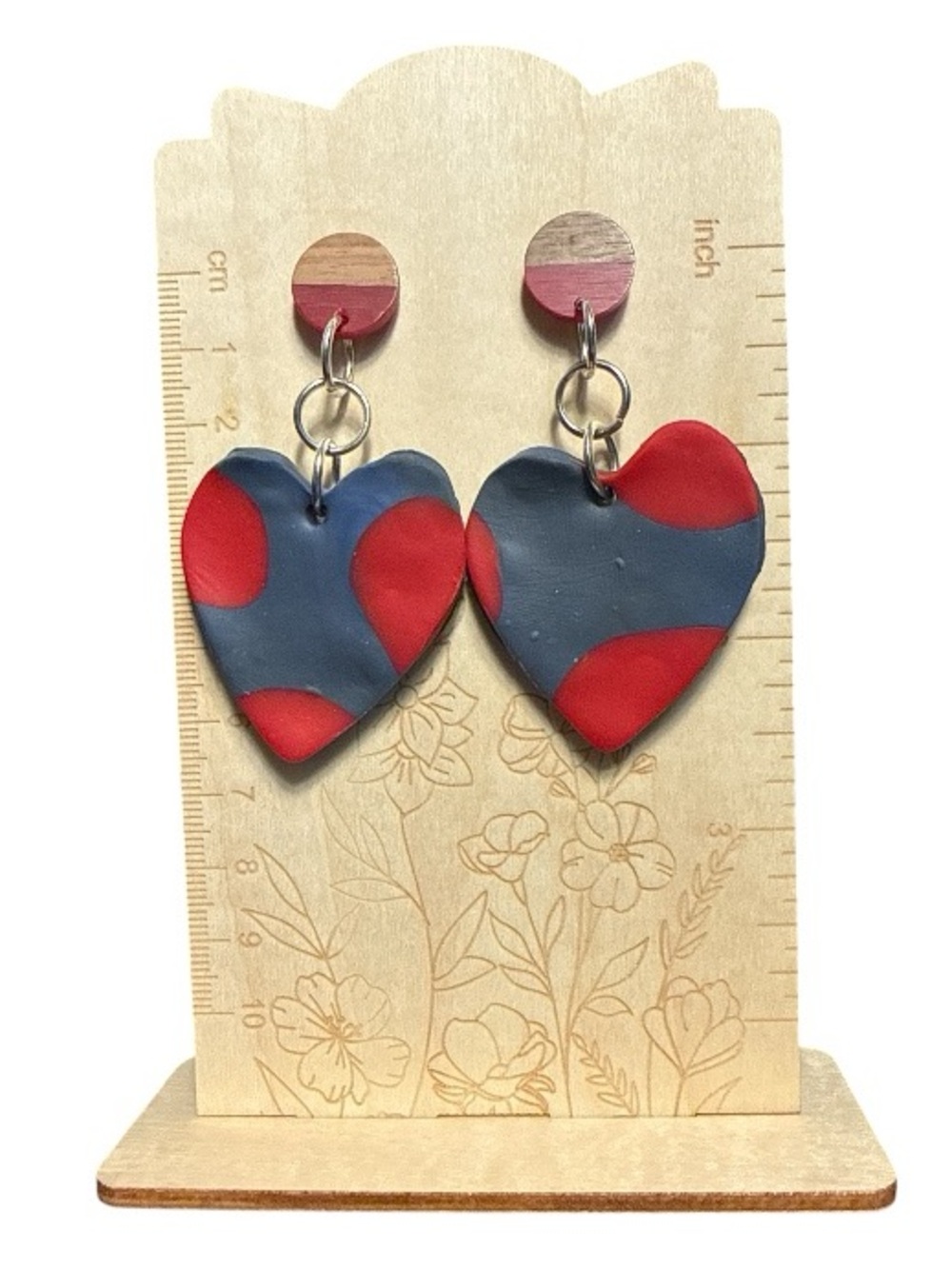 Handcrafted Navy and Red Heart Drop Earrings